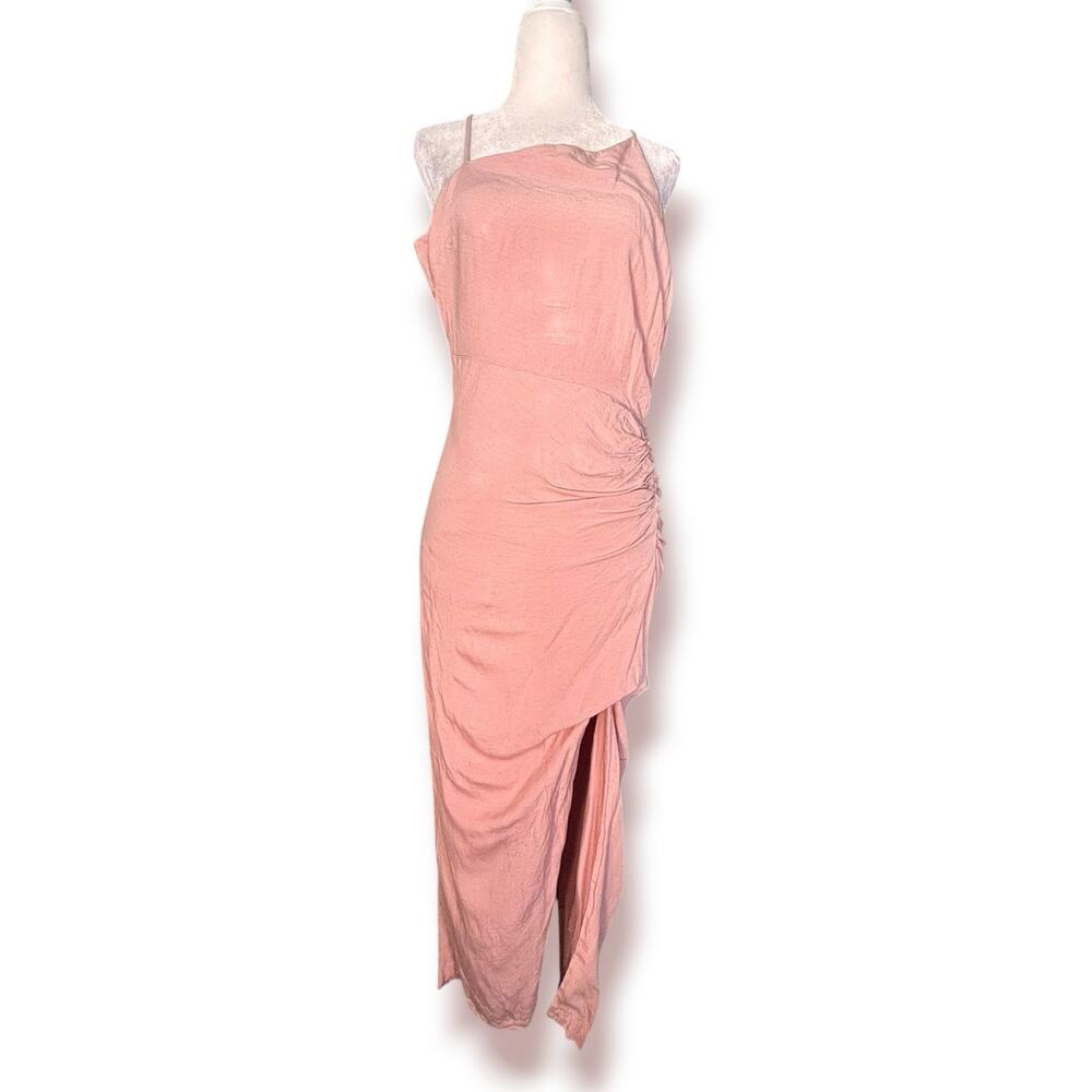 Anthropologie Ruched Asymmetrical Dress Pink Linen Blend Slip Maxi Dress Size 0P - Picture 5 of 12